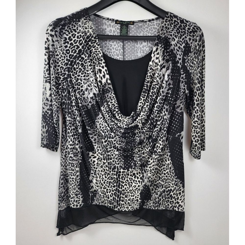 Suzie in the City Blouse Women 1X Black White Leopard print Cowl Neck Layered
